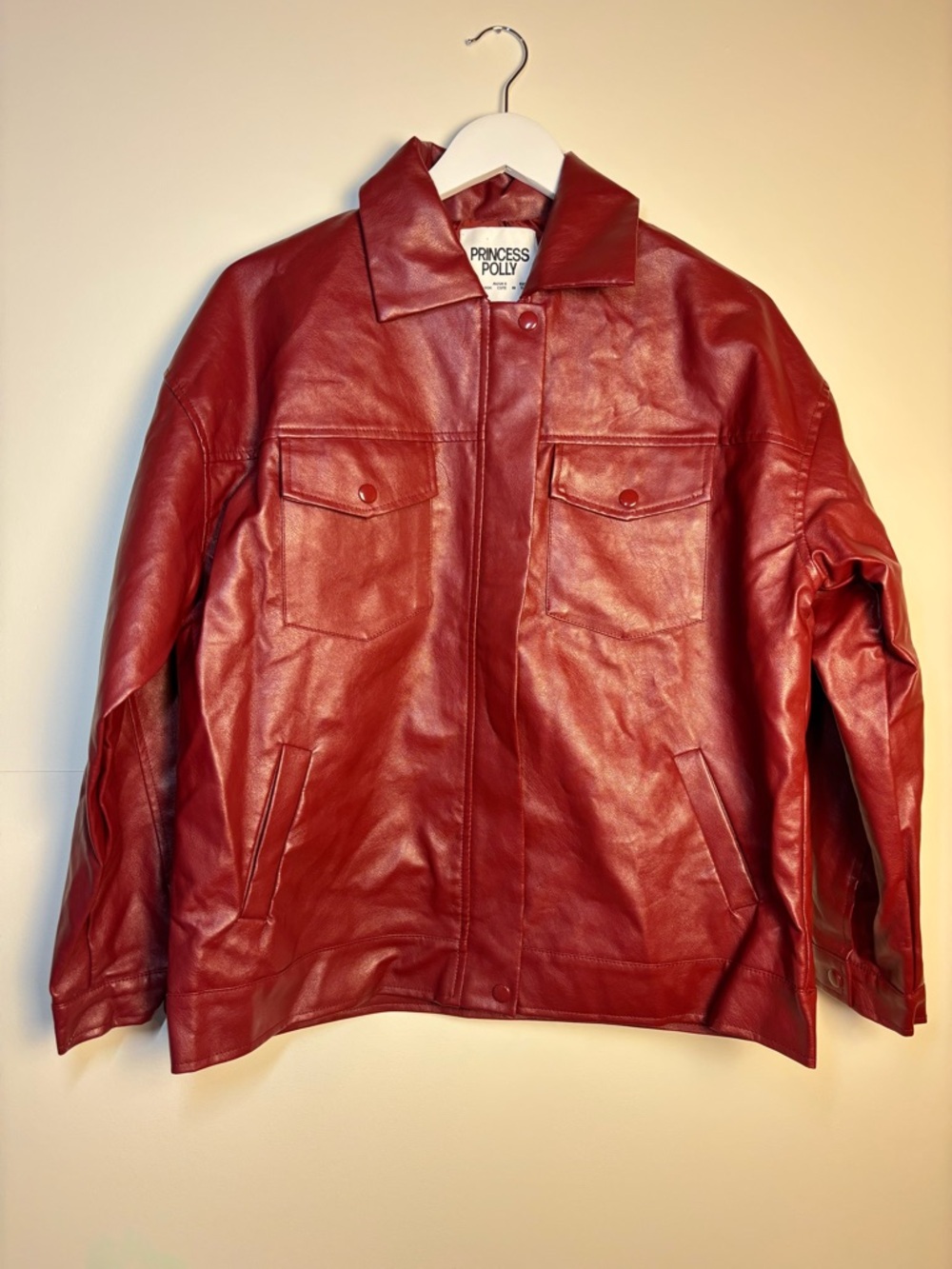Princess Polly Callie Burgundy Faux Leather Bomber Jacket, size 6 - Picture 4 of 12